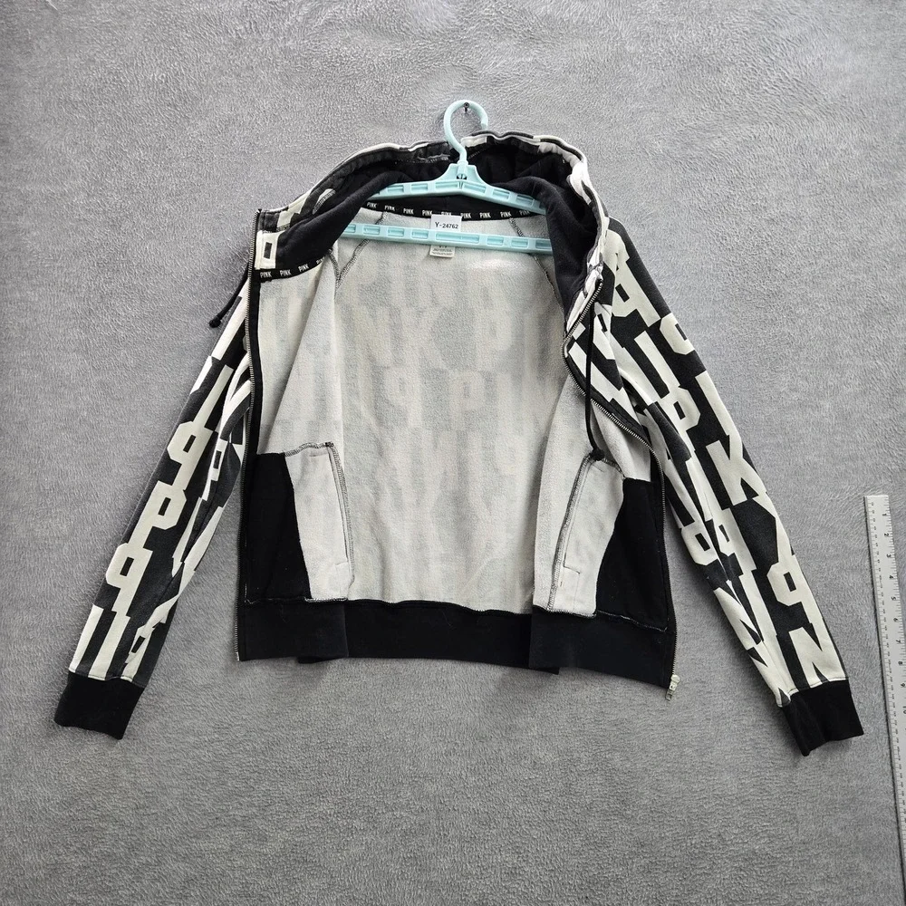 Victoria's Secret PINK‎ Women Hoodie S Black Graphic Print Logo Zipper